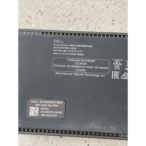 Dell D6000 Universal  Docking Station - Black - W/ 130W Power Adapter - Picture 4 of 10